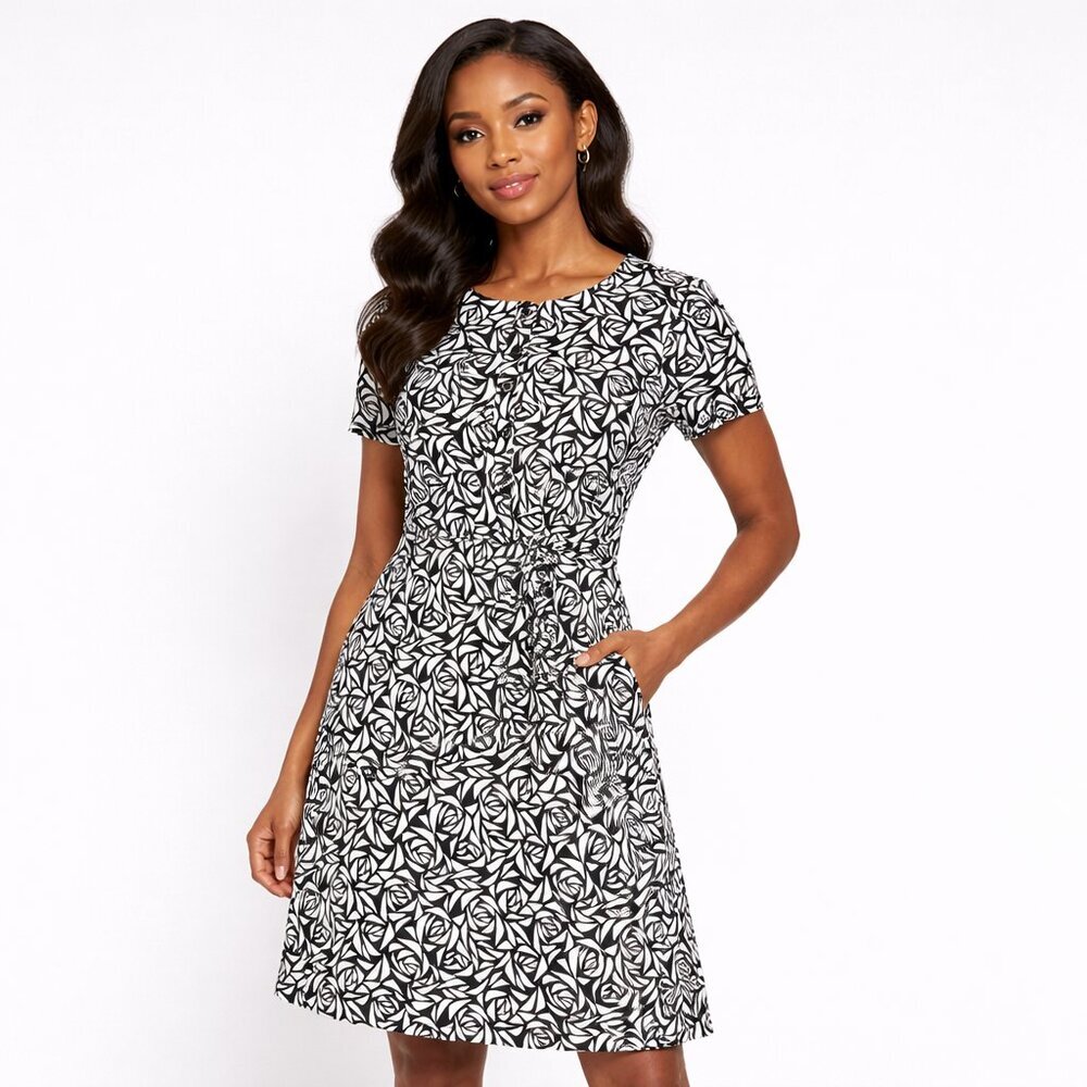 NEW Isaac Mizrahi Live Black & White Floral A-Line Dress XSP